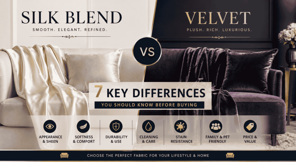 Silk Blend vs Velvet sofa fabrics compared by appearance, softness, durability, cleaning, stain resistance, and overall value before buying.