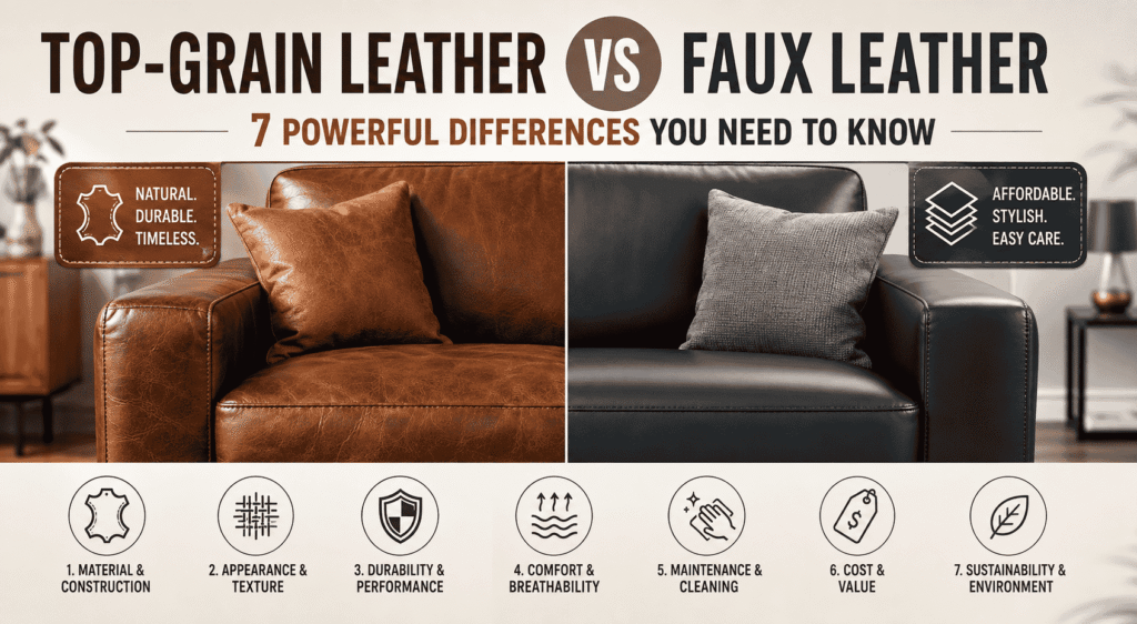 Top-grain leather vs faux leather comparison showing differences in durability, texture, comfort, maintenance, cost, and sustainability for sofas.