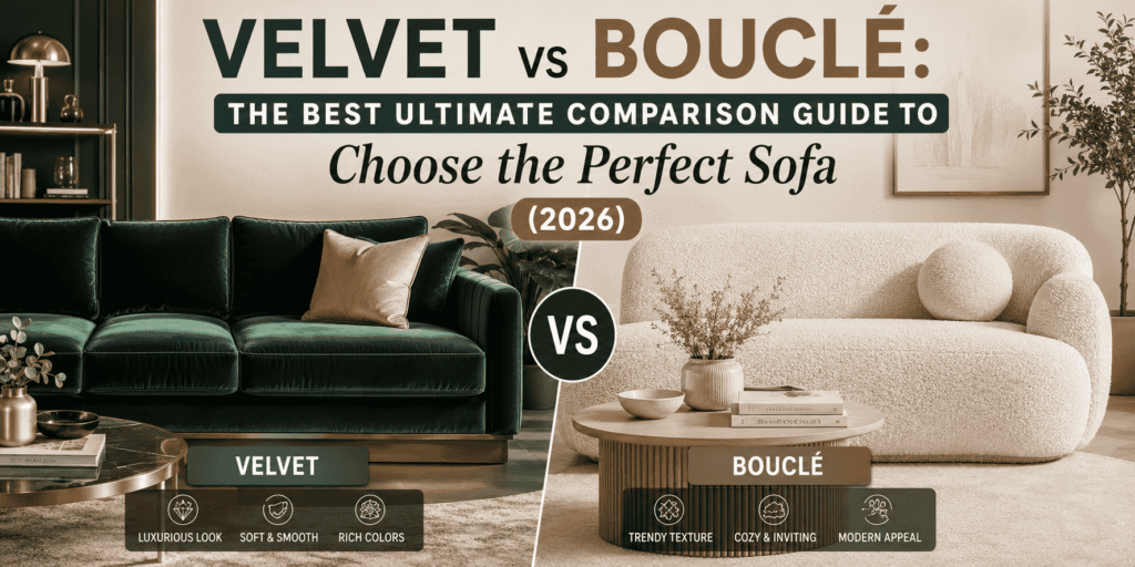 Velvet vs Bouclé: The Best Ultimate Comparison Guide to Choose the Perfect Sofa (2026) featuring a luxurious green velvet sofa and a modern cream bouclé sofa side by side.