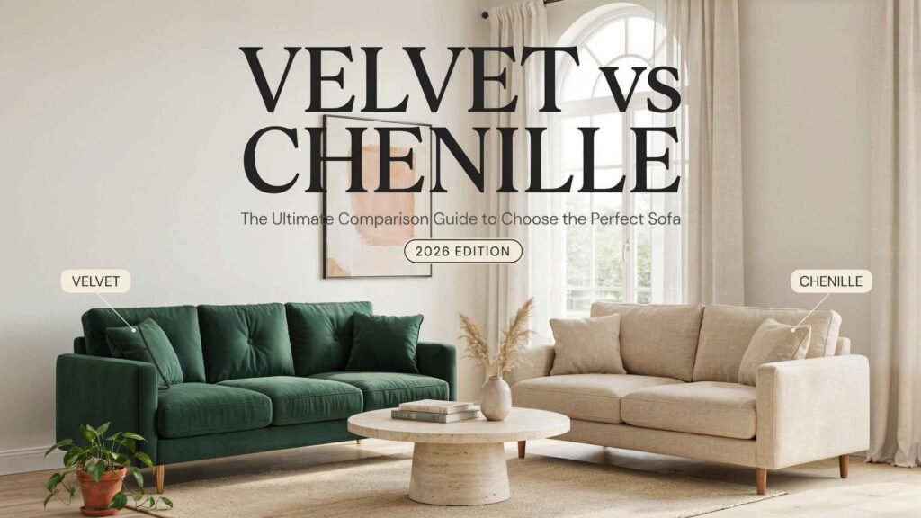 Velvet vs Chenille: The Ultimate Comparison Guide to Choose the Perfect Sofa (2026) featuring a comparison of luxurious velvet and cozy chenille sofas in a modern living room