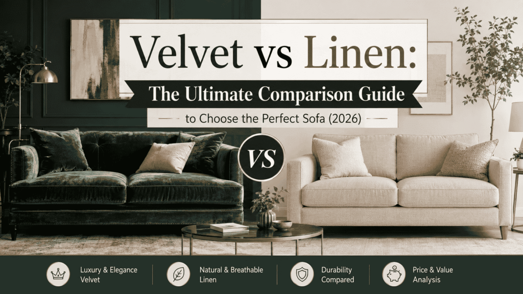 Velvet vs Linen comparison featuring a luxurious green velvet sofa and a modern beige linen sofa in a stylish living room, highlighting the ultimate sofa fabric comparison guide for 2026.