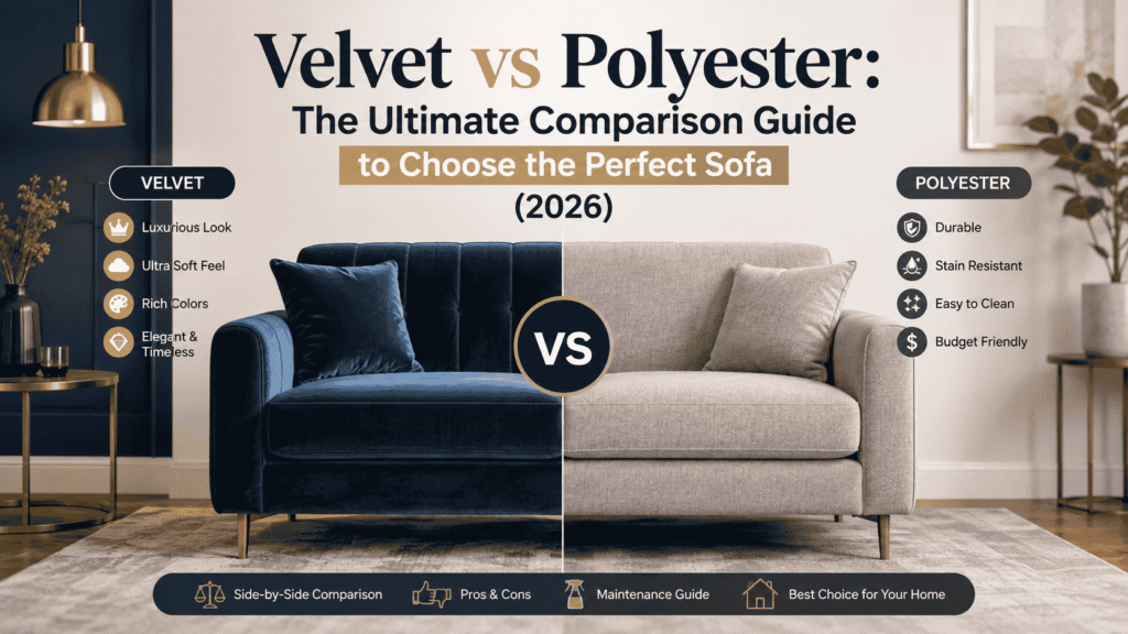 Velvet vs polyester sofa comparison showing two fabric textures side by side