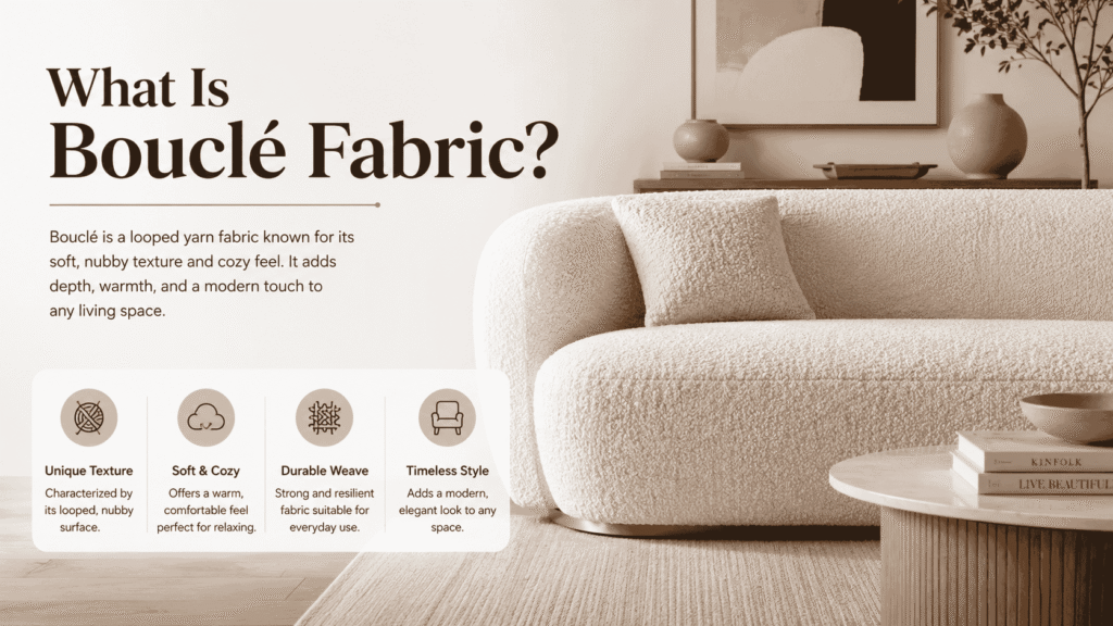 What Is Bouclé Fabric? Cream bouclé sofa with a soft looped texture in a modern living room, showcasing the fabric's cozy, durable, and luxurious appearance.