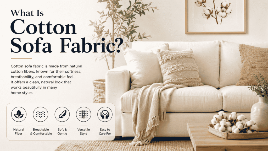 Cotton sofa fabric on a comfortable modern sofa showing its natural, soft, breathable, and versatile qualities