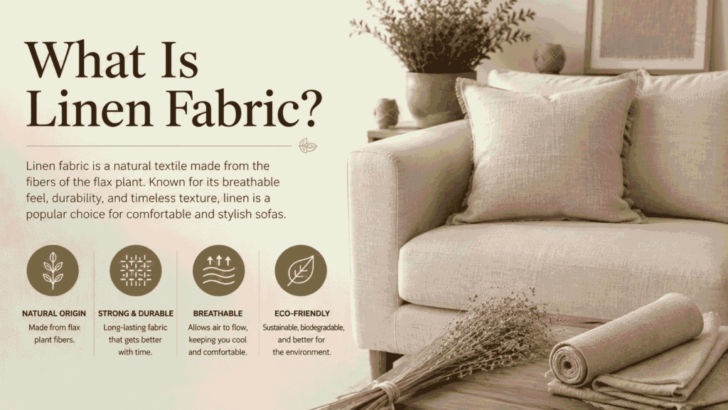 What Is Linen Fabric? Natural linen sofa upholstery with flax fibers showcasing breathable, durable, and eco-friendly fabric for modern living rooms.