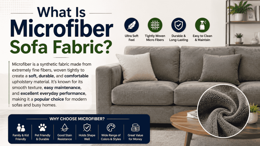 What is microfiber sofa fabric showing a soft, durable, tightly woven microfiber sofa with key benefits for comfort and easy maintenance
