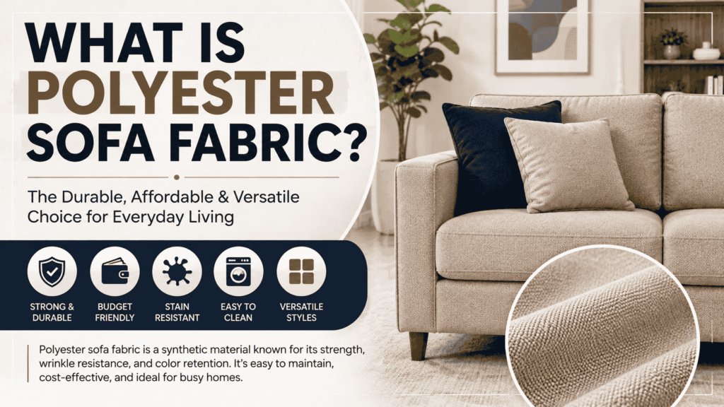 What Is Polyester Sofa Fabric? A modern beige polyester sofa with a close-up view of its woven fabric texture and key features.
