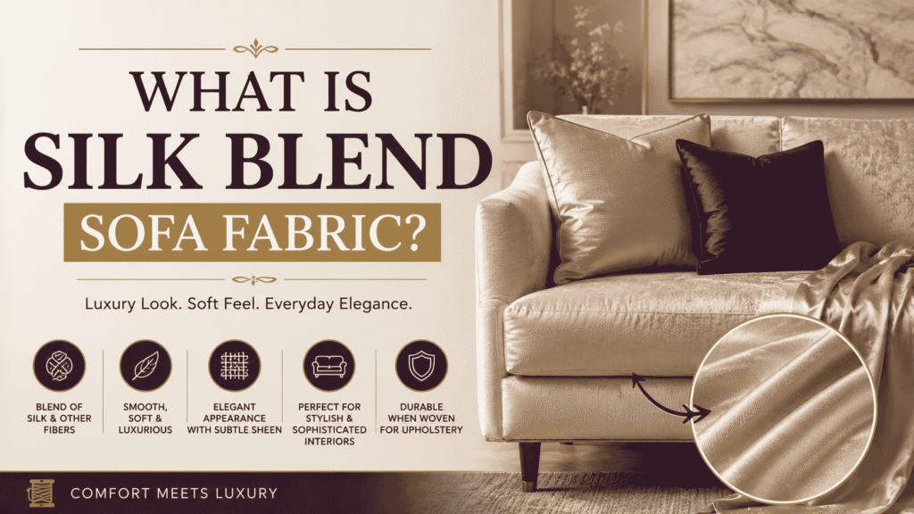 Silk blend sofa fabric with a luxurious cream sofa and close-up view of its smooth woven texture