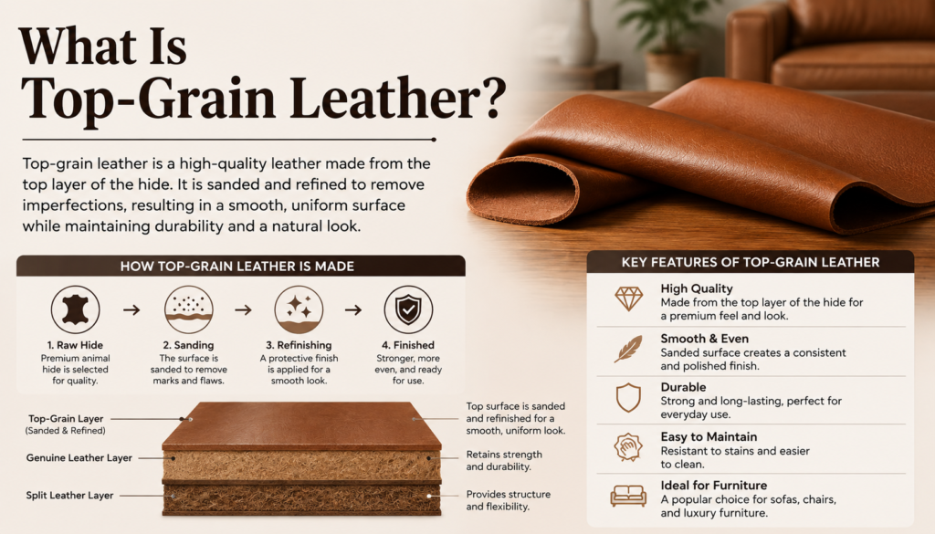What Is Top-Grain Leather? Close-up of premium top-grain leather showing its smooth texture, durability, and high-quality finish used for luxury sofas.