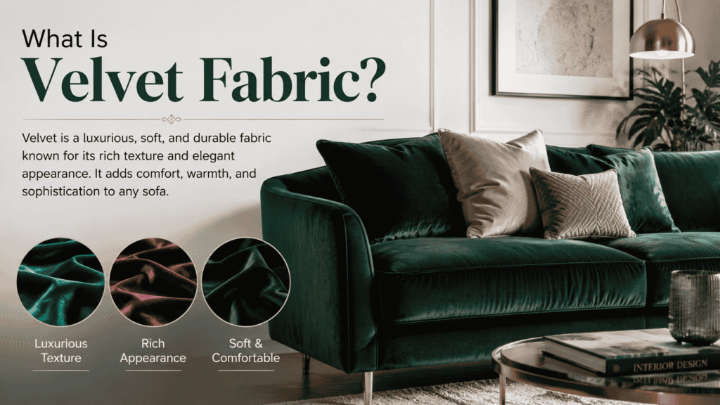 What Is Velvet Fabric? Luxurious emerald green velvet sofa showcasing the soft texture, rich appearance, and elegant comfort of velvet upholstery in a modern living room.