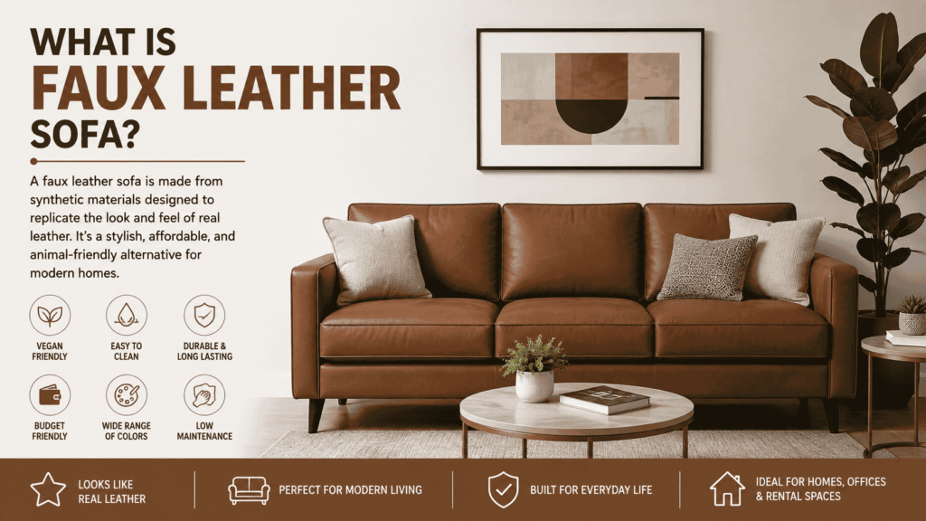 Faux leather sofa in a modern living room showcasing its smooth surface, stylish appearance, and affordable alternative to genuine leather.