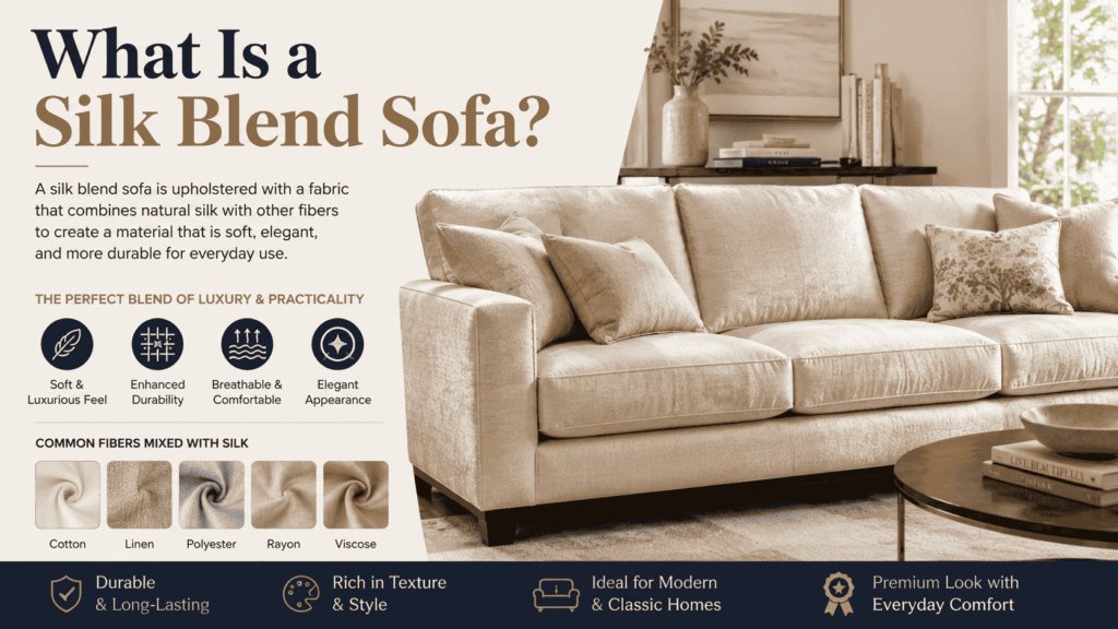 What Is a Silk Blend Sofa? Elegant cream silk blend sofa in a modern living room showcasing the soft texture, luxurious appearance, breathable fabric, and common silk blend fibers including cotton, linen, polyester, rayon, and viscose.