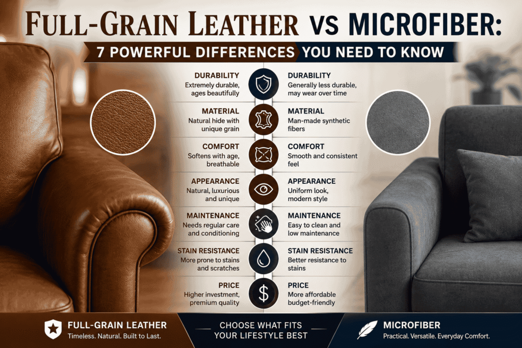 Full-Grain Leather vs Microfiber: A side-by-side sofa material comparison.