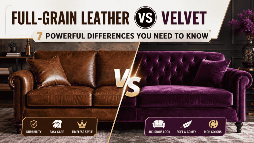 Full-Grain Leather vs Velvet sofa comparison showing durability, easy care, luxury, softness, and rich colors.