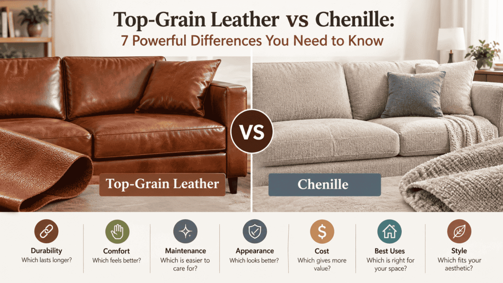Top-Grain Leather vs Chenille: 7 Powerful Differences You Need to Know. A beautiful landscape comparison featuring a luxurious brown top-grain leather sofa and a soft beige chenille sofa. The image highlights differences in durability, comfort, maintenance, appearance, cost, style, and best uses, helping readers choose the right upholstery for their home.