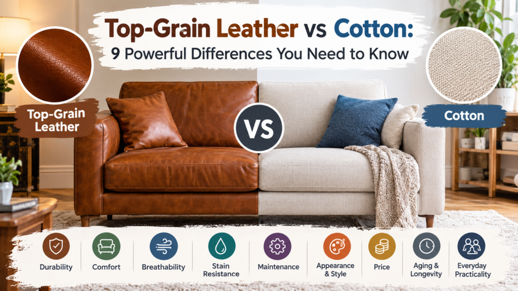 Top-grain leather vs cotton comparison showing leather and cotton sofas with key differences in durability, comfort, breathability, stain resistance, maintenance, style, price, aging, and everyday practicality.