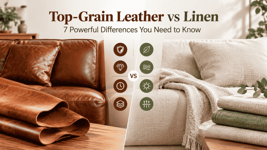 Top-grain leather vs linen comparison featuring brown leather sofas and rolled leather on the left, with soft beige linen fabric and cushions on the right, highlighting differences in texture, durability, comfort, and style.