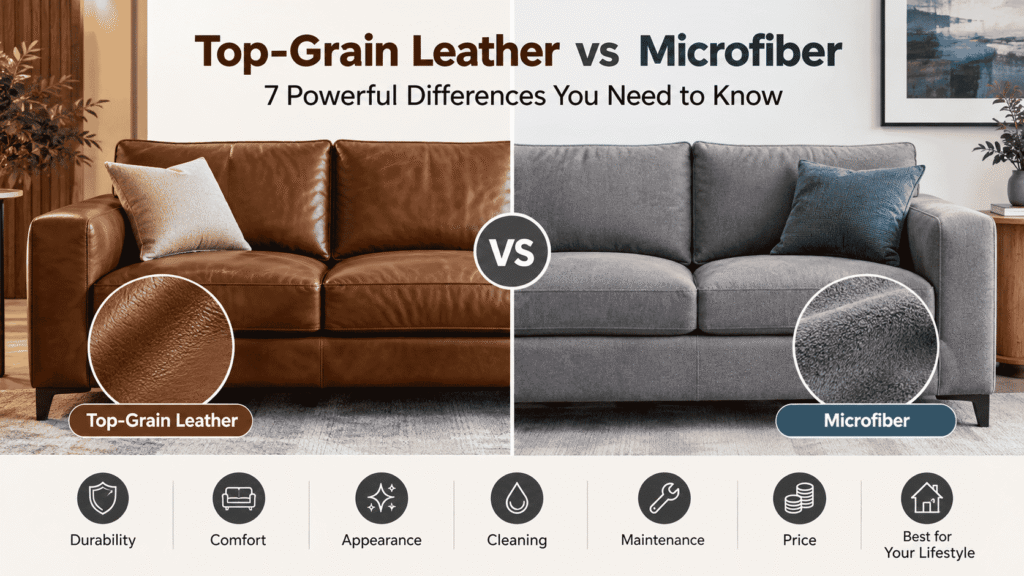 Top-Grain Leather vs Microfiber comparison showing two modern sofa materials side by side, highlighting differences in durability, comfort, appearance, cleaning, maintenance, price, and everyday use. The image helps sofa buyers understand how top-grain leather and microfiber compare when choosing a durable, comfortable, stylish, and practical sofa for their living room.