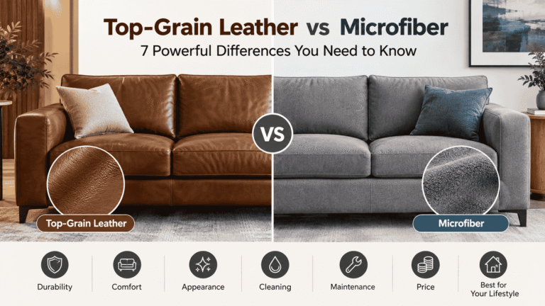Top-Grain Leather vs Microfiber comparison showing two modern sofa materials side by side, highlighting differences in durability, comfort, appearance, cleaning, maintenance, price, and everyday use. The image helps sofa buyers understand how top-grain leather and microfiber compare when choosing a durable, comfortable, stylish, and practical sofa for their living room.