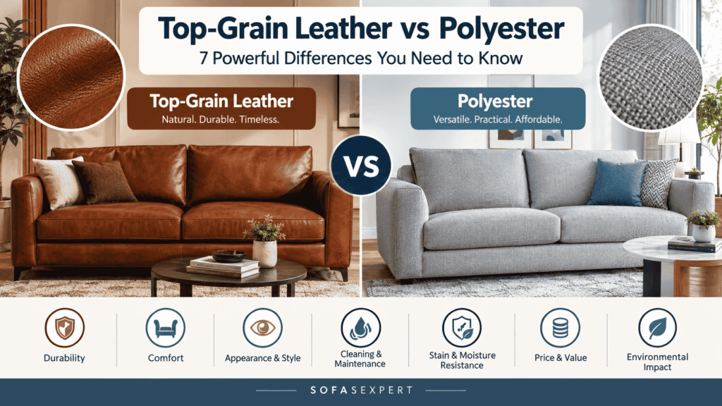 Top-Grain Leather vs Polyester: 7 Powerful Differences You Need to Know — a beautiful comparison of top-grain leather and polyester fabric, showcasing their texture, durability, comfort, and appearance.