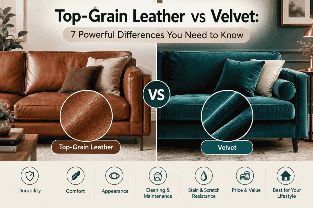 Top-Grain Leather vs Velvet comparison showing the differences in texture, durability, comfort, maintenance, and appearance for sofas.