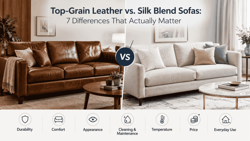 Top-Grain Leather vs. Silk Blend sofas compared for durability, comfort, appearance, cleaning, temperature, price, and everyday use.