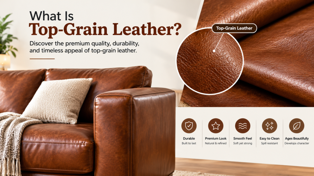 Close-up of top-grain leather showing its natural grain texture alongside a leather sofa, highlighting its durability, premium appearance, smooth feel, easy care, and ability to age beautifully.
