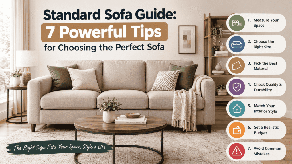 Standard sofa in a modern living room with comfortable cushions and neutral upholstery