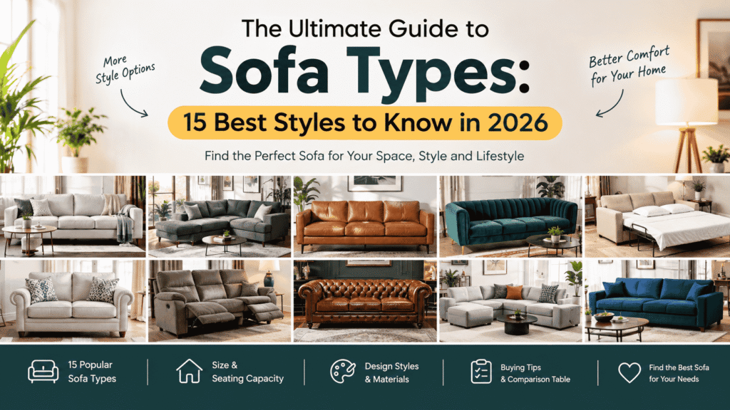 Different sofa types including sectional, leather, Chesterfield, reclining, sofa bed, and modern sofas in various living room styles.