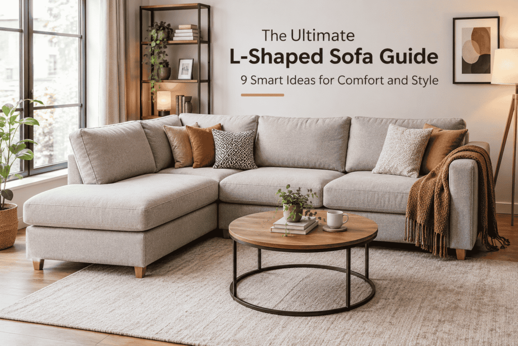 L-shaped sofa in a modern living room with neutral cushions and stylish decor